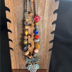 Vintage Colorful Beaded Owl Pendant Necklace